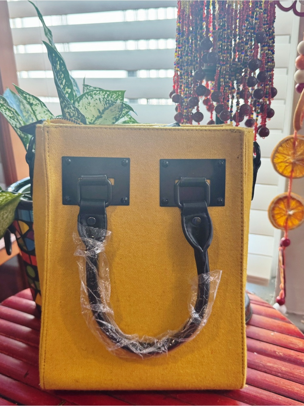 Structured Yellow Felt Tote with Black Leather Handles